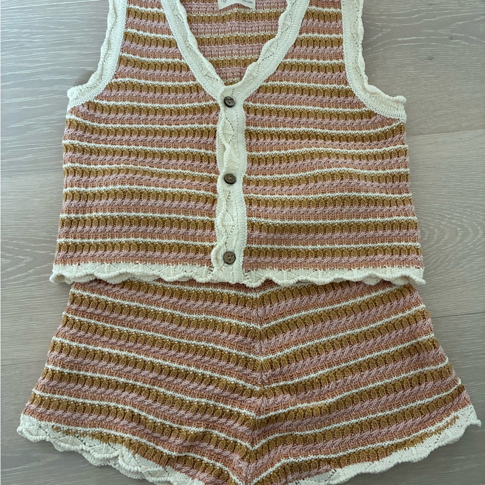 Rylee + Cru Striped Knit Cardigan in Cream, Pink & Tan